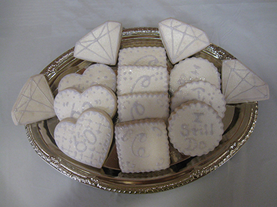 Anniversary cookie tray: Hearts, diamonds, and monogram.