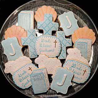 Baptism cookie tray: Flowers, crosses, sheep, monogram, and baptism gown