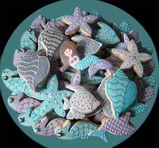 Birthday Cookie Tray: Mermaid, fish, star sish, seahorses, and shells.