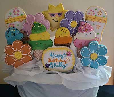 Birthday cookie bouquet: flowers, icecream cones, and flip flops