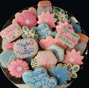 Wedding cookie tray: Flowers, date, monogram, jars, branches.