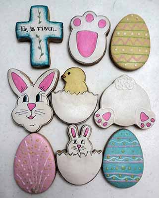 Easter cookies: Cross hatching chick and bunny, eggs, bunny.