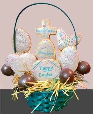 Easter Cookie  Cake Pop Basket: Cross, butterfly, eggs, sheep and cake pops.