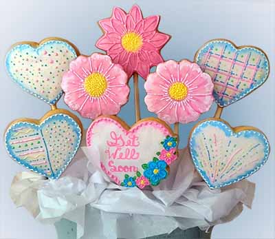 Get well cookie bouquet: Flowers and hearts.