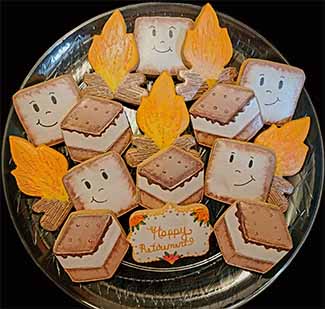 Retirement cookie tray: Camp fire, marshmallows, and smores.