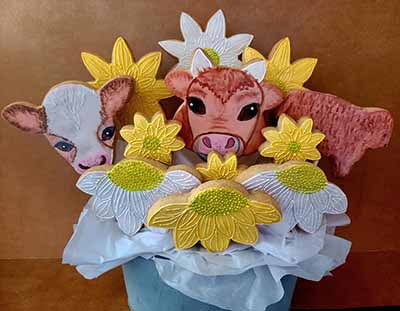 Any Occasion Cookie bouquet: Cows and flowers.