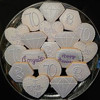 Anniversary cookie tray: Hearts, diamonds, and monogram.