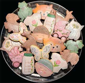 Baby cookie tray: Babies, butterflies, foxes, baby bottles, owls, frogs, onesies, and baby buggies.