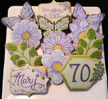 Birthday Cookie Tray: Flowers, butterflies, and number.