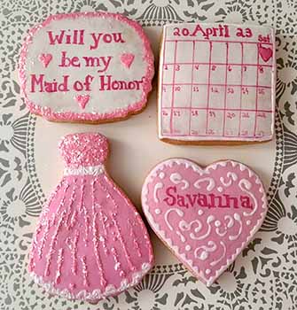 Cookies for bridal party: Dress, heart, calendar, and message.