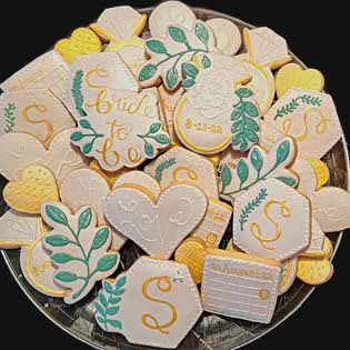 Bridal shower cookie trays: Hearts, branches, monogram, and rings.