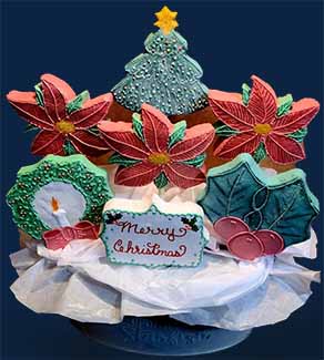 Christmas cookie bouquet: Tree, Poinsettias, wreath, and holly.