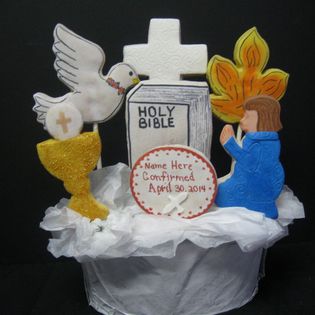 Confirmation cookie bouquet: Bible, chalice, communion wafer, dove, cross, fire, girl.