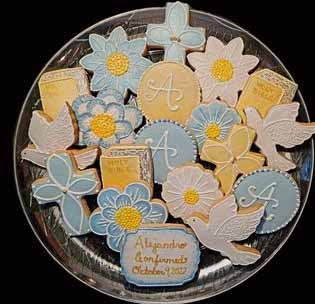 Confirmation cookie tray: Bibles, crosses, flowers, and monogram.