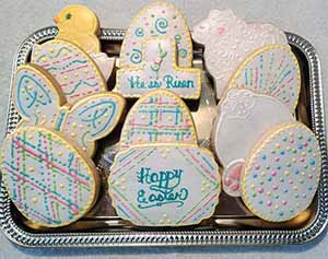 Easter tray: Chick, sheep, bunny, cross, eggs.