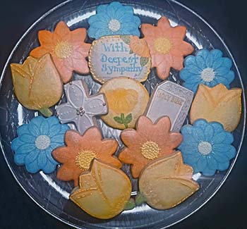 Sympathy cookie tray: Bible, cross, and flowers.