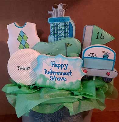 Retirement Cookie Bouquet: Golf ball, green, flag, sweater,cart, and clubs.