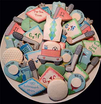 Retirement Cookie Tray: Golf cart, golf clubs, balls, tees, and greens, and sweater.