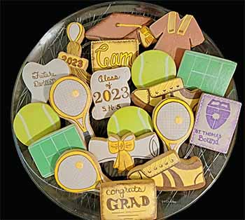 Graduation Cookie Tray: Tennis, court, racket, and ball, tennis shoe, graduation hat gown, and diploma, tooth.