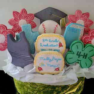 Graduation cookie bouquet: Bible, cross, flowers, soft ball, and 4-H.