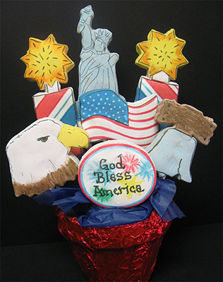 Fourth of July Cookie Bouquet: Flag, eagle, liberty bell, and firecrackers.