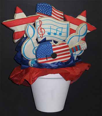 Fourth of July Cookie Bouquet: Flag, stars, music, and guitar.