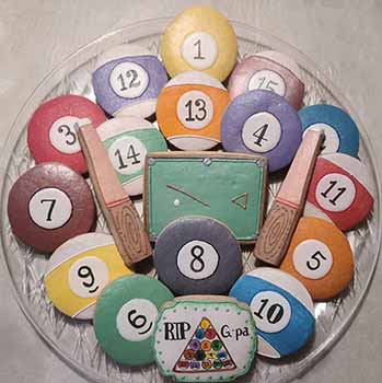 Sympathy Cookie Tray: Pool table, pool cues, and pool balls.