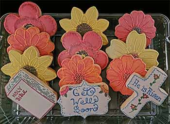 Get Well Cookie Tray: Bible, cross, Flowers.