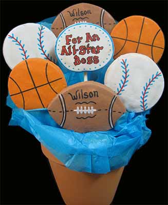 Boss Cookie Bouquet: Footballs, baseballs, and basketballs.