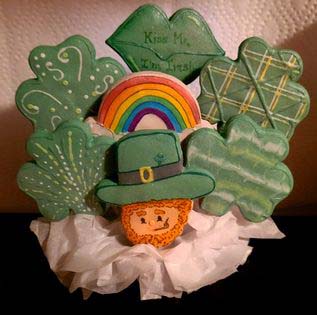 St Patrick cookie bouquet: Leprechaun, clovers, rainbow, and lips.