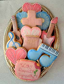 Sympathy Cookie Tray: Bible, cross, music notes, hearts, flowers, musical note, guitars, treble clef.