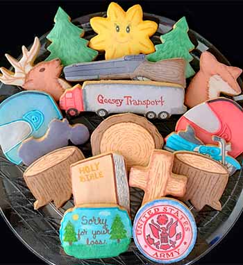 Sympathy Cookie Tray: Bible, cross, sun, trees, deer, rifle, truck, helmets, motorcycles, tree stumps, and army.