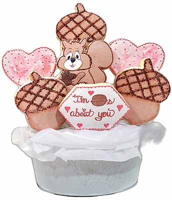 Valentine cookie bouquet: Hearts, acorns and squirrel.