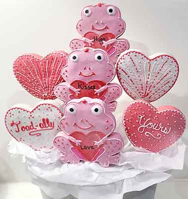 Valentie cookie bouquet: Hearts and frogs.