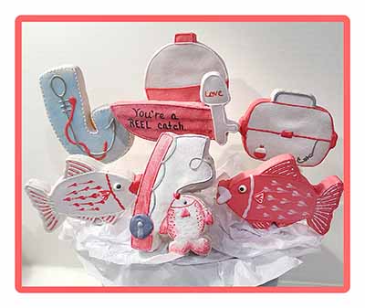 Valenties cookie bouquet: Fish, boat, tackle box, fishing pole, fishing hook and bobber.