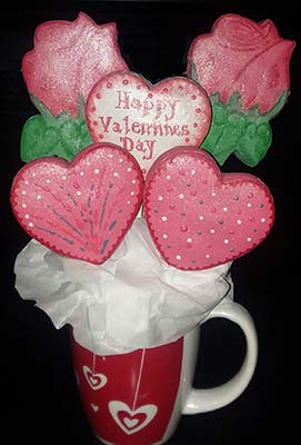 Valentine cookie bouquet: Hearts and roses.