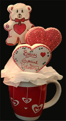 Valentine Cookie Bouquet: Hearts and teddy bear.