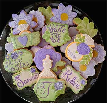 Wedding Cookie Tray: Flowers, rings, and dresses.