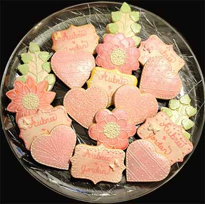 Wedding cookie tray: Hearts, flowers, Names, and branches.