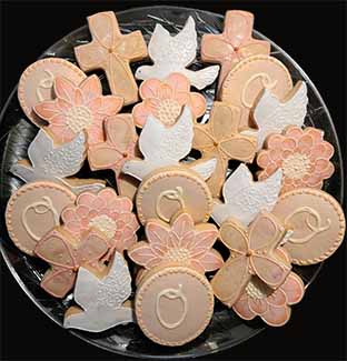 Confirmation cookie tray: Crosses, doves, flowers, and monogrammed.